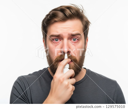 Bearded man with red irritated eyes sneezes and holds medication bottle while looking exhausted, standing against white background, symbolizing seasonal allergy symptoms Bearded man with red irritated eyes sneezes and holds medication bottle while looking exhausted, standing against white background, symbolizing seasonal allergy symptoms 129575010