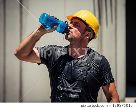 Construction worker takes break during intense heat, drinking water with red face and wet uniform 129575013