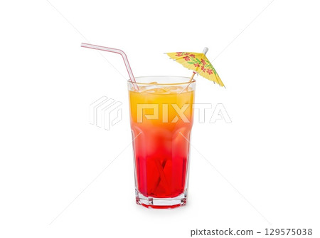 Vibrant red and yellow cocktail in a highball glass with umbrella and straw against clean white backdrop Vibrant red and yellow cocktail in a highball glass with umbrella and straw against clean white backdrop 129575038