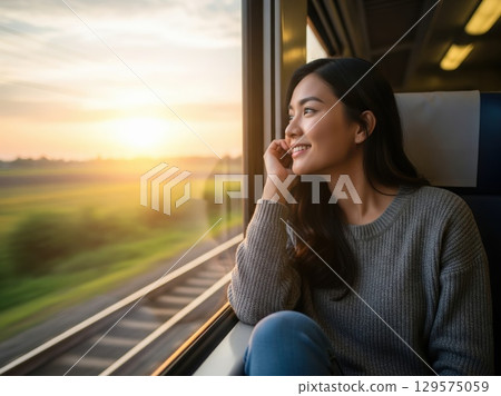 Girl enjoys sunset view from moving train, resting head on glass, feeling peace and freedom in motion 129575059