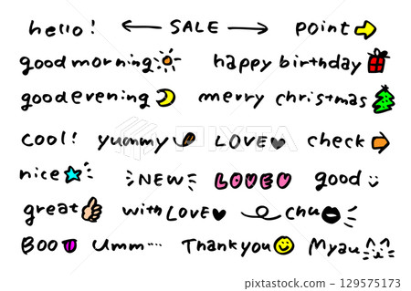 Hand-drawn illustrations and phrases - Hello, Good morning, etc. Hand-drawn illustrations and phrases - Hello, Good morning, etc. 129575173
