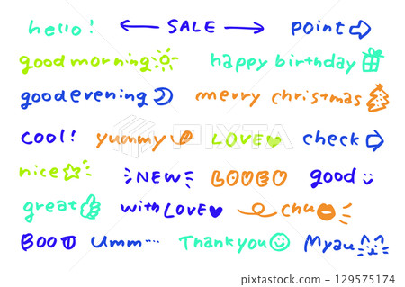 Hand-drawn illustrations and phrases - Hello, Good morning, etc. Hand-drawn illustrations and phrases - Hello, Good morning, etc. 129575174