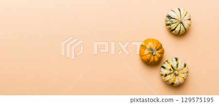 Autumn composition of little orange pumpkins on colored table background. Fall, Halloween and Thanksgiving concept. Autumn flat lay photography. Top view vith copy space Autumn composition of little orange pumpkins on colored table background. Fall, Halloween and Thanksgiving concept. Autumn flat lay photography. Top view vith copy space 129575195