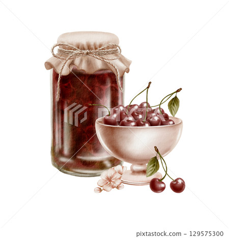 Ceramic bowl peach with ripe juicy cherries and flowers,cherry jam jar with vintage fabric lid with twine bow in watercolor painting dessert.Subtle texture for packaging, table decor 129575300