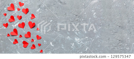 Valentine day background with red hearts, top view with copy space 129575347