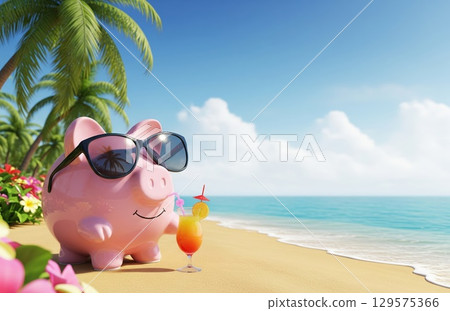 Piggy Bank in Sunglasses Relaxes with Cocktail on Sunny Beach Representing Summer Vacation Savings and Financial Freedom Piggy Bank in Sunglasses Relaxes with Cocktail on Sunny Beach Representing Summer Vacation Savings and Financial Freedom 129575366