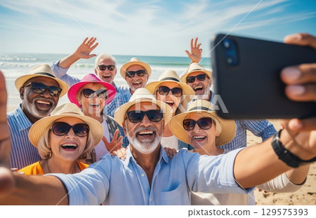 Group of elderly people smiling at camera on beach taking photo together during warm sunny holiday Group of elderly people smiling at camera on beach taking photo together during warm sunny holiday 129575393