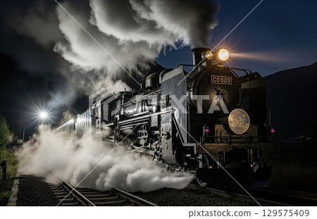 Old steam train charges into gloom with billowing smoke and high contrast lighting across steel and steam machinery in dynamic perspective 129575409