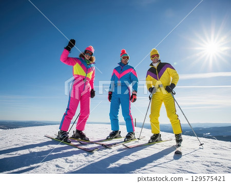 Bold Retro Ski Outfits in 1980s Style with Models Standing Proudly on Snowy Peak for Fashion Concept Bold Retro Ski Outfits in 1980s Style with Models Standing Proudly on Snowy Peak for Fashion Concept 129575421