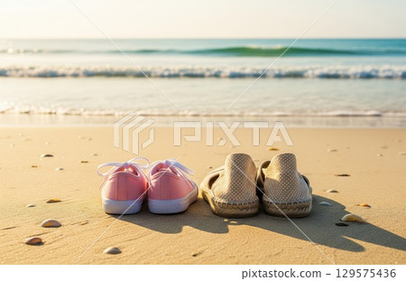 Two neatly placed pairs of shoes, one large and one small, on a sandy beach with waves behind, bathed in golden light 129575436