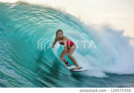 Dawn light catches girl in red surfing 129575438