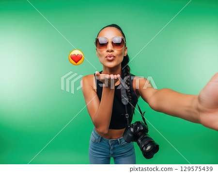 Fashionable woman with trendy glasses takes fun selfie with kiss gesture while standing before a bright green studio backdrop Fashionable woman with trendy glasses takes fun selfie with kiss gesture while standing before a bright green studio backdrop 129575439