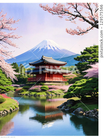 富士山、櫻花和寺廟風景 富士山、櫻花和寺廟風景 129575566