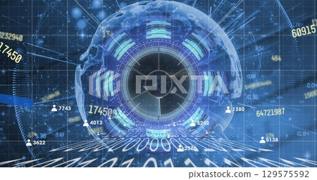 Image of digital screen with data and numbers on blue background 129575592