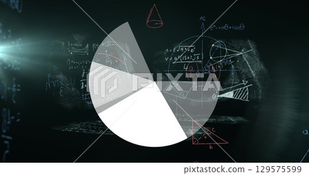 Image of digital screen with scientific data, graphs and math formulas on black background 129575599