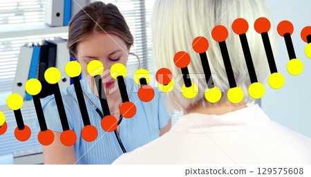 Dna structure over caucasian female doctor using tablet against dna structure with dna structure 129575608