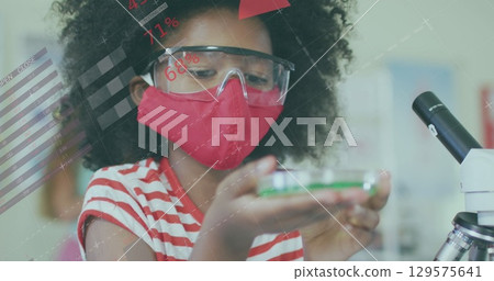 Image of data processing over african girl wearing face mask using smartphone Image of data processing over african girl wearing face mask using smartphone 129575641