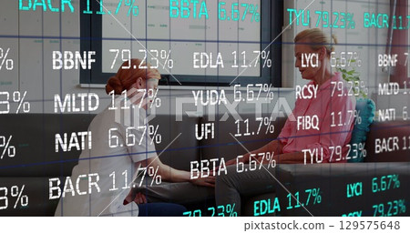 Image of financial data over caucasian female doctor supporting senior woman 129575648