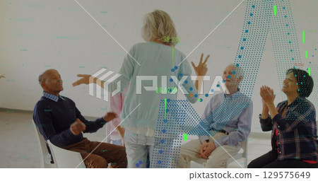 Image of graphs over diverse seniors during support meeting Image of graphs over diverse seniors during support meeting 129575649