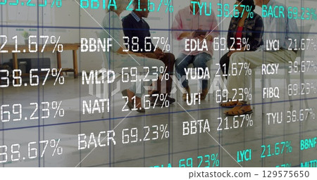 Image of financial data over diverse people during support meeting Image of financial data over diverse people during support meeting 129575650