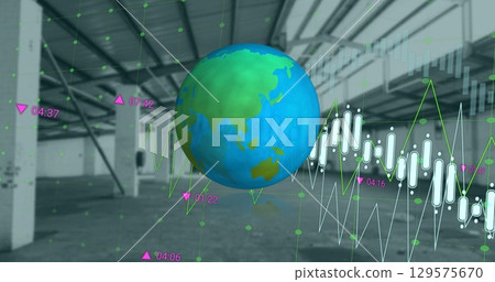 Image of financial graphs and globe over empty hall 129575670