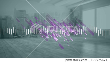 Image of financial graphs and purple shapes over empty hall 129575671