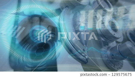 Image of data with hud processing on digital interface against machinery 129575675