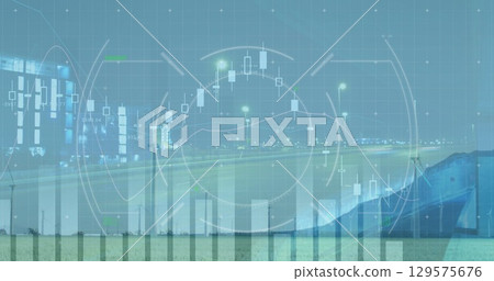 Image of graphs with hud processing against wind turbines with cityscape 129575676