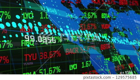 Image of digital screen with world map, financial data and graphs 129575685