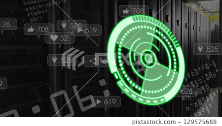 Image of green circle with social media reactions over servers Image of green circle with social media reactions over servers 129575688