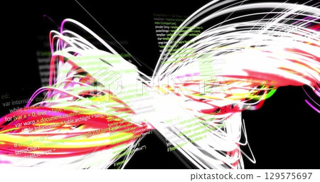 Image of wavy lights and data processing on black background 129575697