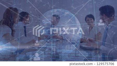 Image of globe, profile icons connecting with lines over caucasian coworkers brainstorming 129575706