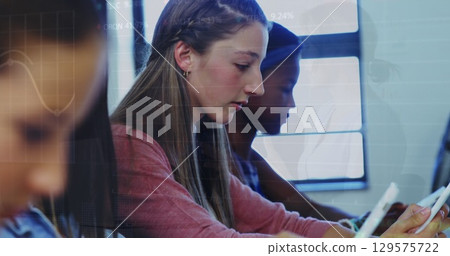 Image of graphs over diverse pupils using tablets 129575722