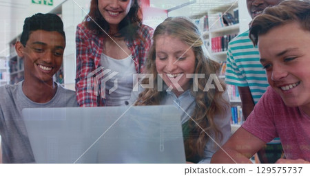 Image of multiracial student discussing using laptop over globe, trading board and graph Image of multiracial student discussing using laptop over globe, trading board and graph 129575737
