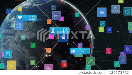 Image of social media notifications processing data and icons over globe in night sky Image of social media notifications processing data and icons over globe in night sky 129575762