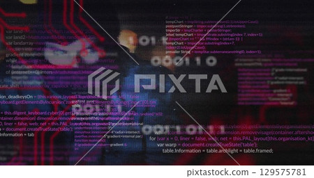 Image of data processing over integrated circuit and caucasian male hacker Image of data processing over integrated circuit and caucasian male hacker 129575781