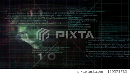 Image of data processing over binary code and caucasian male hacker Image of data processing over binary code and caucasian male hacker 129575783