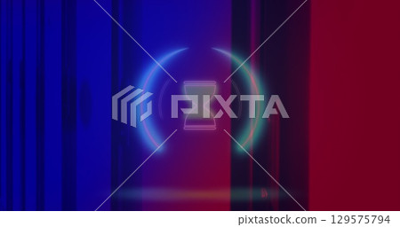 Image of neon circle with hourglass over servers Image of neon circle with hourglass over servers 129575794