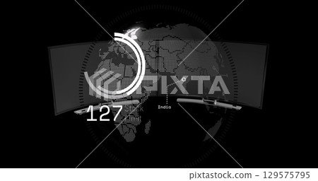 Image of globe and numbers over modern tvs Image of globe and numbers over modern tvs 129575795