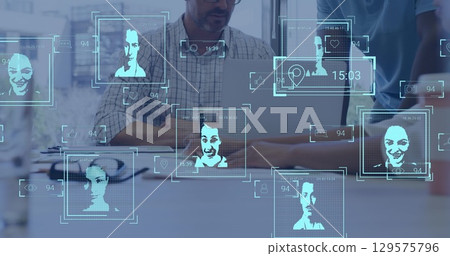 Image of social media users and reactions over diverse businesspeople in office Image of social media users and reactions over diverse businesspeople in office 129575796