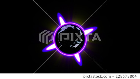 Image of globe in neon circle on black background 129575804