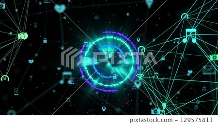Image of neon circles over network of connections with icons in black space 129575811
