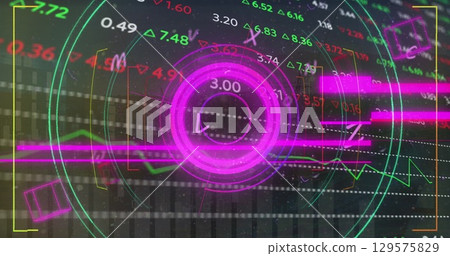 Image of colourful circular scanner over processing financial data on black background Image of colourful circular scanner over processing financial data on black background 129575829