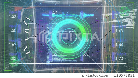 Image of processing circle and financial data on digital screen with glitch over wires 129575831