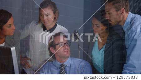 Image of statistics and financial data processing over diverse business people Image of statistics and financial data processing over diverse business people 129575838