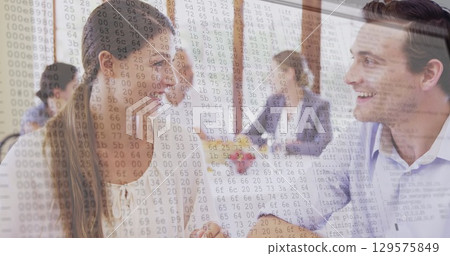 Image of data processing over happy caucasian woman and man drinking coffee and talking 129575849