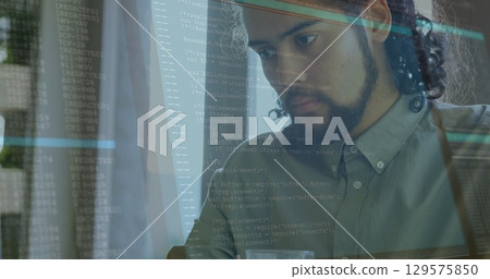 Image of lines and data processing over man using laptop Image of lines and data processing over man using laptop 129575850