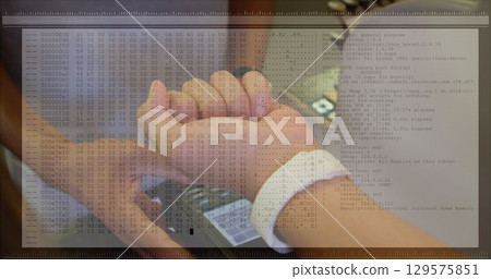 Image of data processing over hands of caucasian man paying with smartwatch Image of data processing over hands of caucasian man paying with smartwatch 129575851