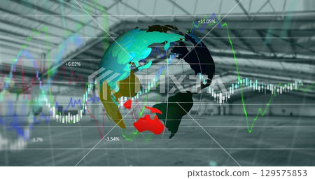 Image of graphs, globe and financial data over empty hall Image of graphs, globe and financial data over empty hall 129575853