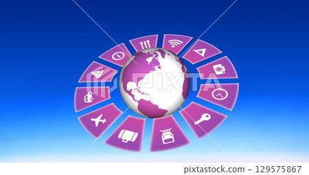 Image of travel icons with globe on sky background 129575867